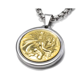 GESTALT COUTURE Unique Tungsten Midsize Medallion Necklace. Stainless Steel Saint Christopher Inlay with 18kt Gold Plating. 22 inch Chain.