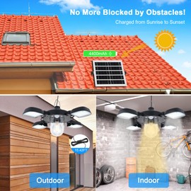 CaalLogt Solar Powered Pendant Lamp, 192LEDs Solar Outdoor Shed Light, Motion Sensor 5 Lighting Modes Indoor Work Light, 4-Panel Hanging Lamp Waterproof Light for Gazebo Garage Shop Barn Home House