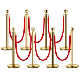 8PCS Gold Stanchions and 6 Red Velvet Ropes, Stainless Steel Red Carpet Ropes and Poles, Velvet Rope Barrier Stanchion Post for Party, Museums,Hotels Crowd Control-5ft Red Rope,4 Way Connections