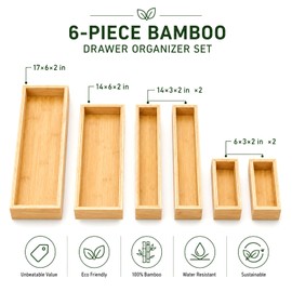 BOY MCOWBOY Bamboo Kitchen Drawer Organizer for Utensils, Set of 6 Stackable Silverware Tray for Drawer, Multi-Use Storage Bamboo Trays for Utensil Holde, Office, Makeup, Jewelry, Bathroom
