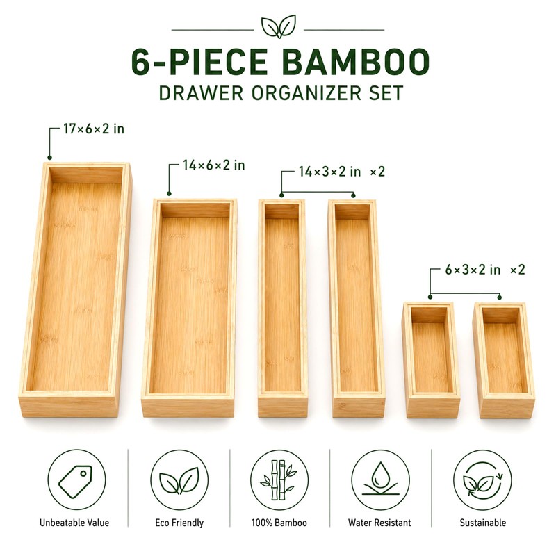 BOY MCOWBOY Bamboo Kitchen Drawer Organizer for Utensils, Set of