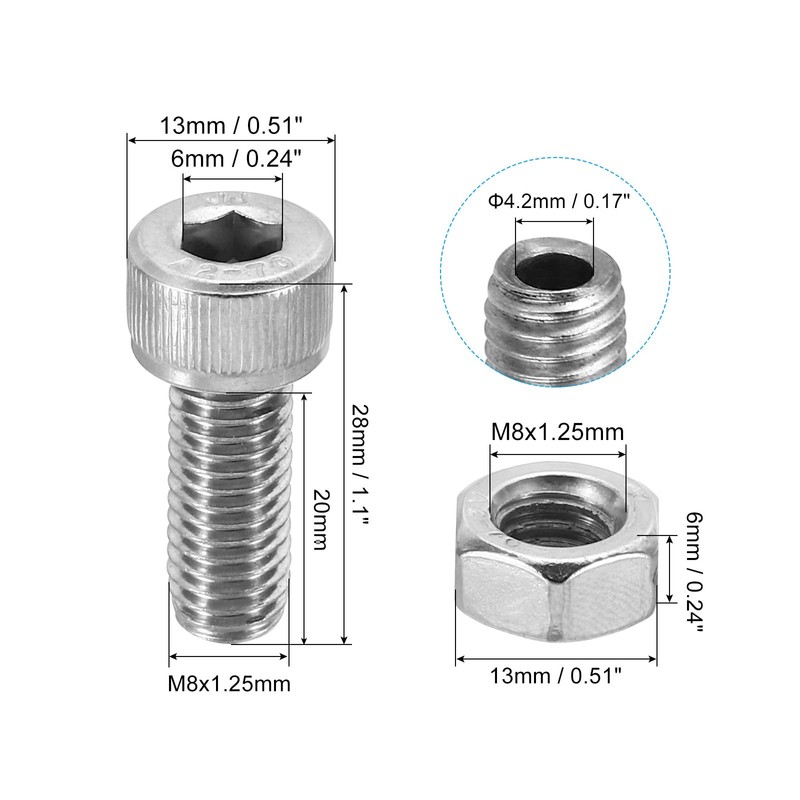 PATIKIL 2 Sets M8x20mm Hex Socket Screw Cylindrical Hollow Bolt