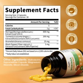 Moringa Capsules with Turmeric Curcumin for Joint, Energy & Gut Support – Moringa Powder with Bromelain & Black Pepper, Superfood Supplement for Men & Women – Vegan, Non-GMO & Gluten-Free, 60 Ct