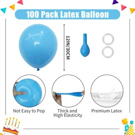 PatiCool Sky Blue Balloons - 12 inch 100pcs Latex - Round Light Blue Birthday Balloons with 2 Ribbons, Bright Blue Balloons for Birthday Party, Wedding, Anniversary, Baby Shower Decorations
