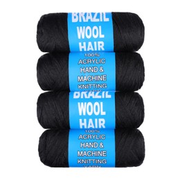 Samtress 4 Roll Natural Black Brazilian Wool Hair Acrylic Yarn for African Crochet Braids/Faux Locs/Senegalese Twist/Jumbo Braiding/Box Braids/Twist Wraps Synthetic Fibre Hair Extensions (#1B)