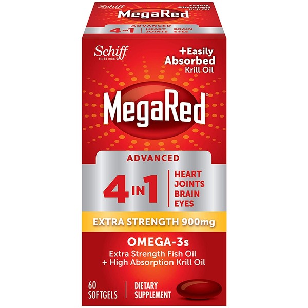 Omega-3 Fish & Krill Oil Supplement 900mg - MegaRed Advanced 4in1, 60 softgels, 2x More Omega-3, Heart, Joint, Brain and Eye Supplement