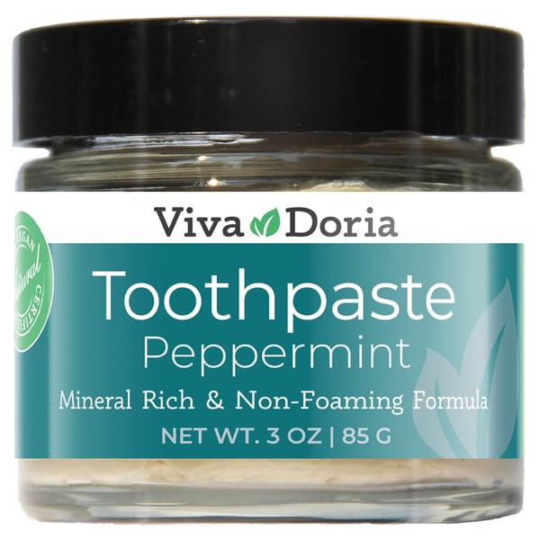 Viva Doria Fluoride Free Natural Toothpaste - Peppermint (3 oz Glass jar) Refreshes Mouth, Freshens Breath, Keeps Teeth and Gum Healthy