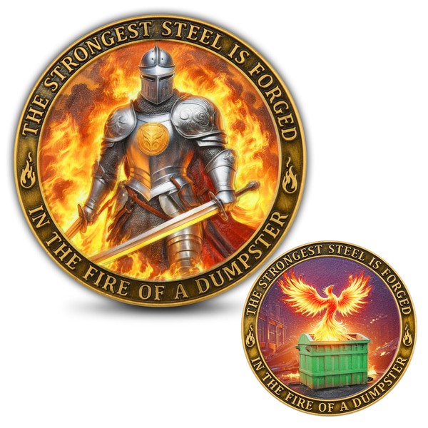 Dumpster Fire Challenge Coin – Phoenix and Knight Design, Motivational