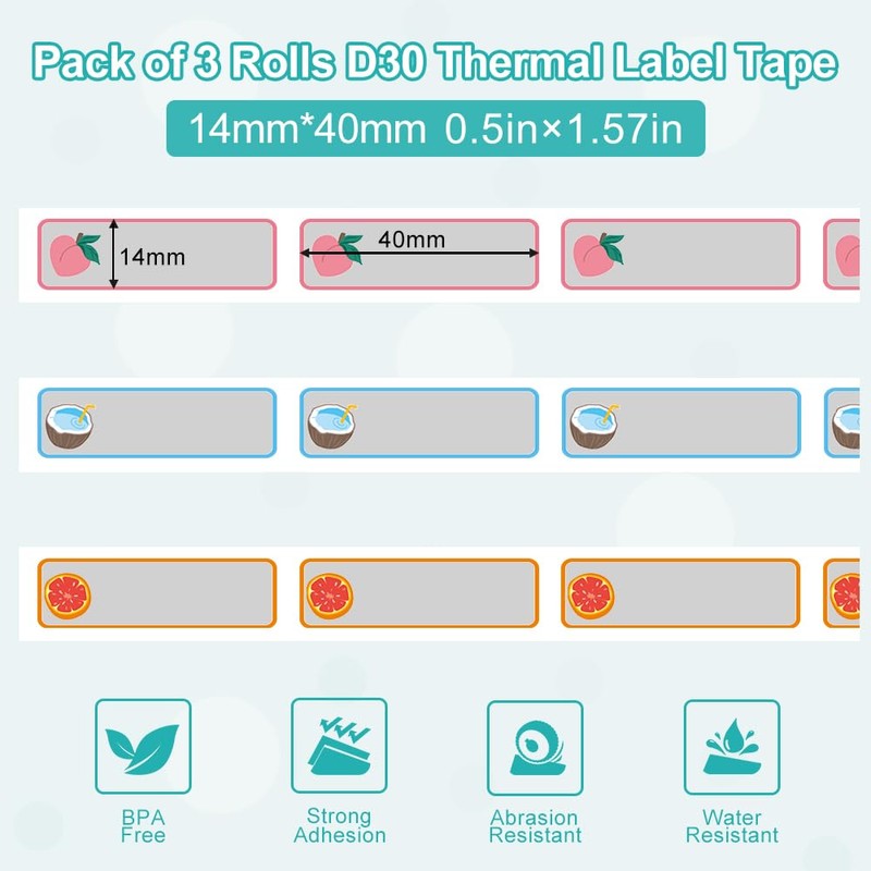 Phomemo D30 Label Tape, Black Text on Fruit Pattern Clear