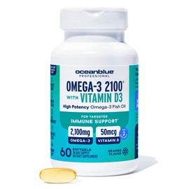 Oceanblue Professional Omega-3 2100 with Vitamin D3 – 60 ct – Triple Strength Burpless Fish Oil Supplement with High-Potency EPA, DHA, DPA and Vitamin D3 – Wild-Caught – Orange Flavor (30 Servings)