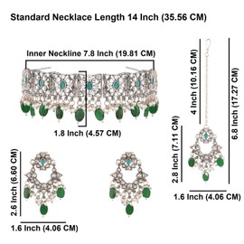 Efulgenz Choker Necklace Earrings and Maangtikka Set Indian Oxidized Jewelry Antique Boho Faux Kundan Pearl Crystal Stone Necklace Manngtikka with Dangle Round Earrings Bohemian Jewelry Set for