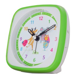 SELVA Quartz alarm clock for school enrolment with deer, koala and owl motif, green/white. Sweeping second silent, analogue, for children, colourful learning dial with light/alarm repeat