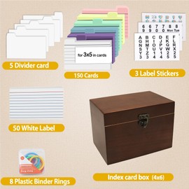 Solid Wood 4x6 Index Card Organizer with 5 Dividers | Rolodex & Recipe Box Storage | Holds 200+ Cards for Home/Kitchen