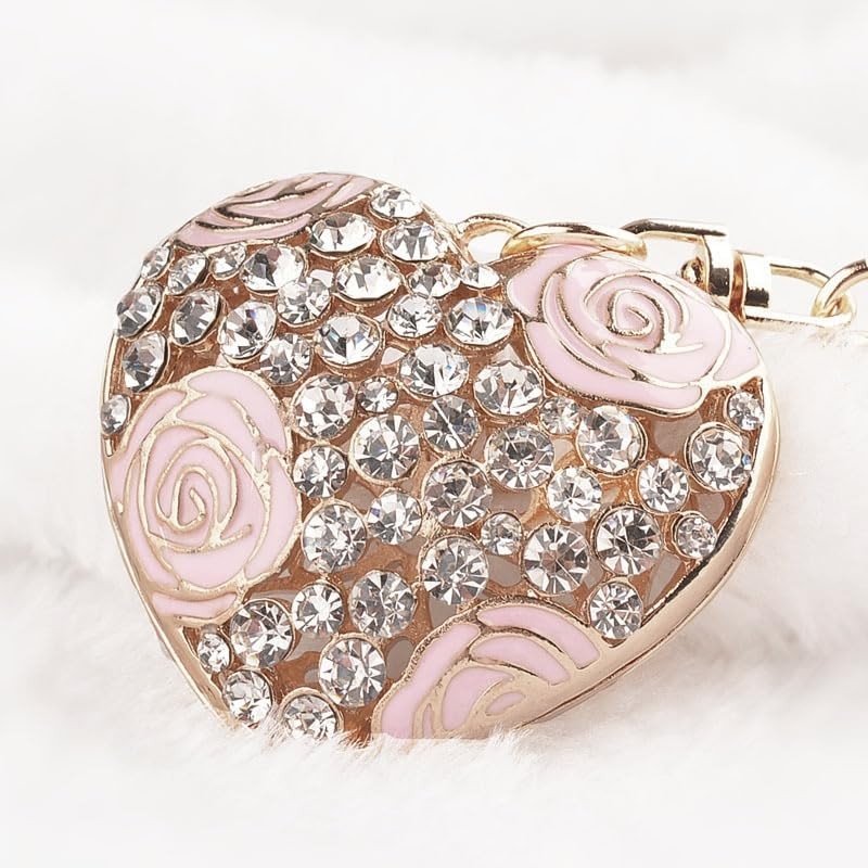 Love Heart Rose Flower Crystal Charm Pendant Purse Bag Key