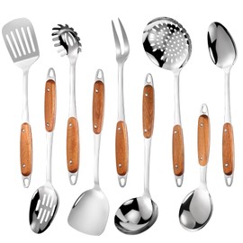 304 Stainless Steel Cooking Utensils Set,9PCS Metal Kitchen Utensils Set with Wooden Handle,Solid Spoon,Spatula,Ladle,Skimmer,Spaghetti Spoon,Dishwasher Safe