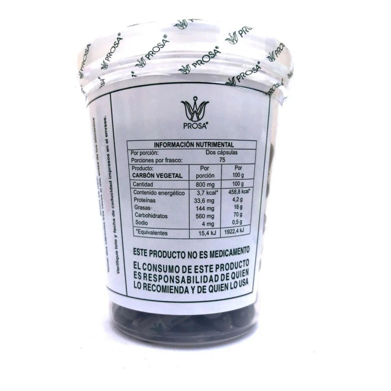 Prosa Naturales Carbón Vegetal Activado 150 Cápsulas De 400 Mg.