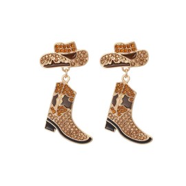 Western Cowgirl Boots Earrings Rhinestone Enamel Hat Boot Drop Dangle Earrings for Women-A Brown