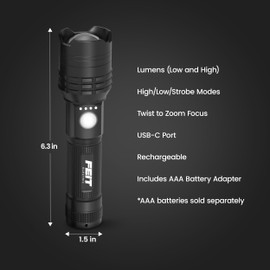 Feit Electric 6in Flex Power Flashlight, 1500 Lumens, Rechargeable & AAA Battery Compatible, USB-C Charging, Adjustable Beam, Aircraft-Grade Aluminum, Emergency Glass Breaker Bezel, FLR1500/FLEX