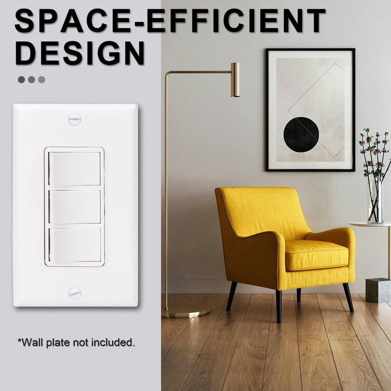 Baomain Triple Rocker Light Switch, 15A 120V Single Pole, 3