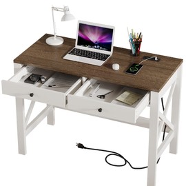 ChooChoo Farmhouse Desk with USB Charging Ports and Power Outlets, 39" Computer Desk with Drawers, Small Study Writing Table with Stable X Frame for Home Office