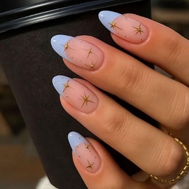 24PCS French Tip Twilight Sky French Nails with Gold Stars, Y2K Galaxy Style Short Almond Fake Nails, Includes Accessory Tools, Handmade Acrylic for Women and Gril (Purple Star French)