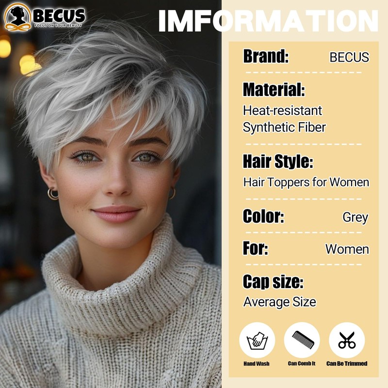 BECUS Grey Hair Toppers for Women with Thinning Hair Bangs