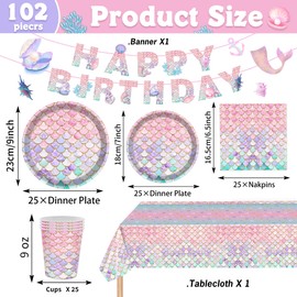 JQSSHXB - Juego de decoración de sirena para fiesta de cumpleaños con sirena, incluye platos de sirena, servilleta, mantel para baby shower, océano, sirena, decoración de fiesta, 25 unidades