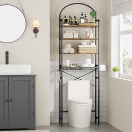 Homhedy 4-Tier Over The Toilet Storage with 4 Hooks and Paper Holder, Space Saving, Bathroom Organizer with Adjustable Feet, Metal Frame and Wooden Shelf,Rustic Brown and Black