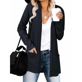 MEROKEETY Women's Casual Long Sleeve Open Front Cable Knit Cardigans Lightweight Solid Color with Pockets,Navy,L