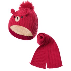 WELROG Kids Winter Hat and Scarf Sets Warm Knit Hat Infant Toddler Crochet Fur Hairball Beanie Cap 4-10 Years Old（Red）