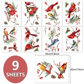 AnyDesign Winter Cardinals Window Clings 9 Sheets, Christmas Red Birds Glass Stickers Poinsettia Pine Cone Window Decals Xmas Kerosene Lamp Branches Decorative Double-Side Stickers, 7.9 x 11.8 Inch