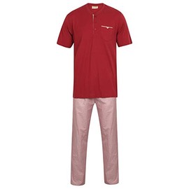 Walker Reid Mens Cotton Pyjamas Plain Jersey Top & Geo Print Woven PJ Bottoms Set Medium (Burgundy)