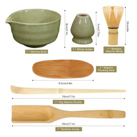 Taefuhnn 6 Pcs Matcha Whisk Set Making Kit with Bamboo Scoop Whisk Holder Plucker Rack, Green Ceramic Matcha Bowl with Spout Tea Accessories Set for Tea Lovers