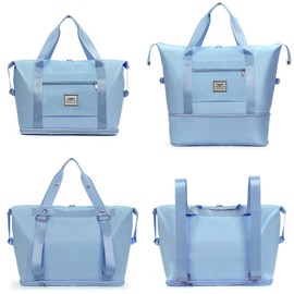 FIORETTO Womens Expandable Gym Tote Bag Duffle Bag with Wet Pocket, Travel Bag Weekend Overnight Bags with Double Shoulder Strap, Water-resistant Carry On Bag Hospital Holdalls for Women Light Blue