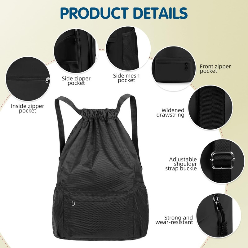 Drawstring Backpack, Waterproof Backpack with Mesh Side Pocket, Sport Gym