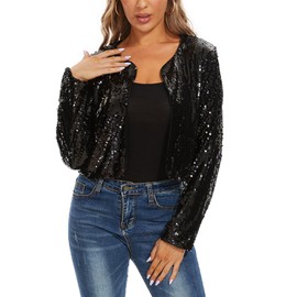 MINTLIMIT Women's Sequin Cardigan Short Open Cardigan Long Sleeve Bolero Thin Elegant Hook Closure Jacket Bolero Jacket, B-black