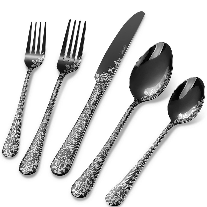 Fivent Floral Damask Rose Black Cutlery Set - 20 pcs
