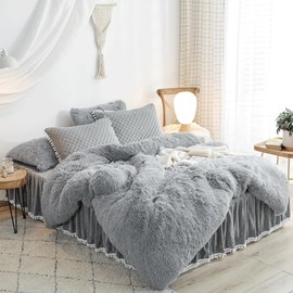 Juego de ropa de cama de franela de lujo de pelo lanudo y esponjoso de terciopelo (1 funda de edredón de piel sintética) Juego de ropa de cama esponjosa de 1 pieza, cierre de cremallera (Gris