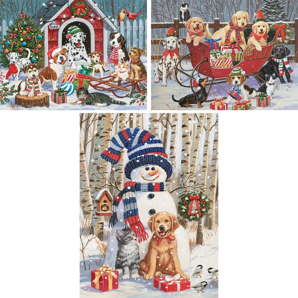 Bits and Pieces - Value Set of Three (3) 500 Piece Jigsaw Puzzles for Adults - Each Puzzle Measures 18" x 24"- Holiday Christmas Snowy Puppy Dog Jigsaws by Artist William Vanderdasson