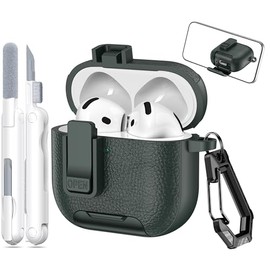 MHYALUDO for AirPods 4th Generation Case with Locking Mechanism, Leather-Texture TPU Material, Dustproof Charging Port, Built-in Stand Function & Cleaning Kit Included - ArmyGreen