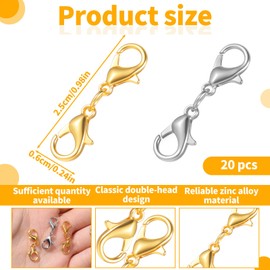 Molain Pack of 20 Stainless Steel Chain Clasps, Double Opening Lobster Clasp, Bracelet Connector, Clasp, Chain Extension for DIY Jewellery Bracelets Necklaces (Gold + Silver)