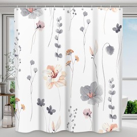 WITHLOC Shower Curtain Watercolor Flower Shower Curtain Sets - Spring Grey Floral Plant Shower Curtains for Bathroom, Washable Modern Farmhouse Decor, 72 x 72