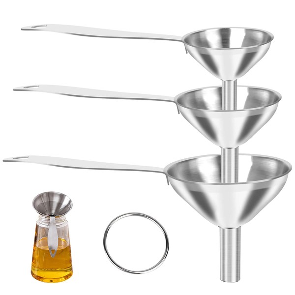 3 Pcs Stainless Steel Funnels, Kitchen Funnel with Long Handle for Transferring Liquids, Small Funnel for Essential Oil, Powder Spices, Bottle Filling, 1.8+2.2+3 in