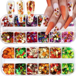 2Box Fall Art Glitter Maple Leaf Nail Art Glitter Sequins 3D Holographic Nail Art Flakes Colorful Nail Glitter Autumn Nail Accessories for Women Thanksgiving Nail Decorations DIY Crafts