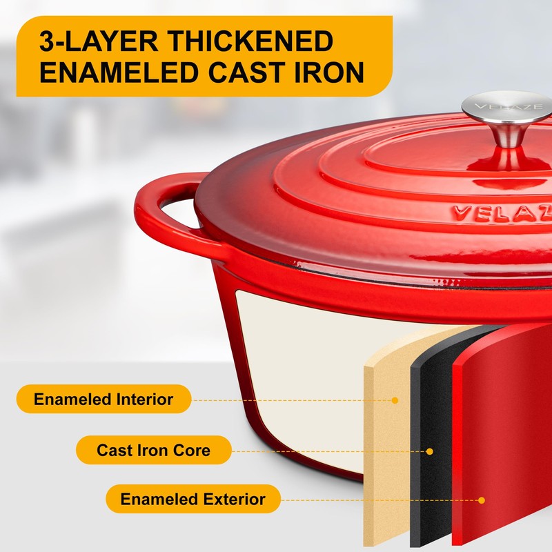 Velaze 7.5 QT Enameled Oval Dutch Oven Pot with Lid,