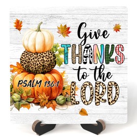 Fall Farmhouse Decor For Home, Fall Tiered Tray Decor, Give Thanks To The Lord Sign, Fall Kitchen Living Room House Desk Decor, Thanksgiving Table Decorations, Set Of 1 Wooden Sign With Stand -n01