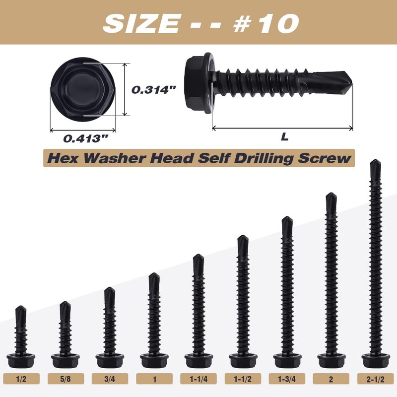 #10 x 3/4" (100 pcs) Black Hex Washer Head Self
