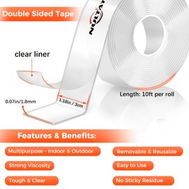 Strong Double Sided Tape Heavy Duty Double Sided Tape for Walls, Clear & Tough Double Sided Mounting Nano Tape, Removable Adhesive Wall Tape for Hanging Picture, Poster, Carpet (60FT)