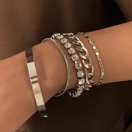 fxmimior Dainty Simple Silver Chain Rhinestones Stackable Bracelets Set for Women Adjustable Beaded Chunky Flat Cable Chain Punk Coin Bracelets Jewelry for Women Girls Gift Set of 5 (Silver)