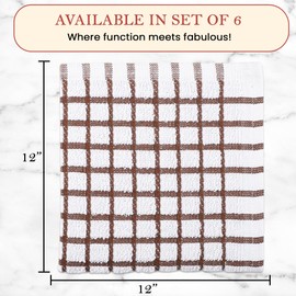 Vintage Vista 100% Cotton Dish Cloths (Pack of 6) - Dish Rags for Washing Dishes - Reusable & Highly Absorbent Kitchen Towels - Multipurpose Kitchen Rags - (12" x 12" - Natural Brown Checkered)
